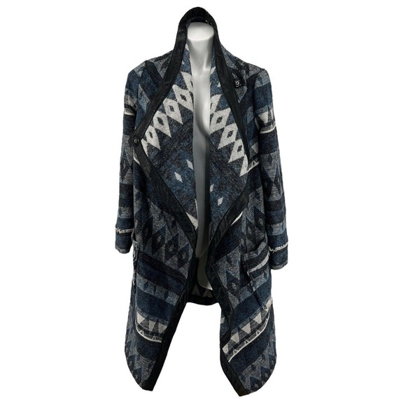 SAM EDELMAN Tribal Blanket Coat Boho Sweater Jacket Fringe Wool Blue Southwest S - Picture 6 of 10